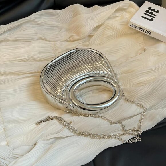 ⚡ Women's Silver Moon Shaped Cute Small Evening Clutch Crossbody Trendy Handbag - Picture 4 of 8